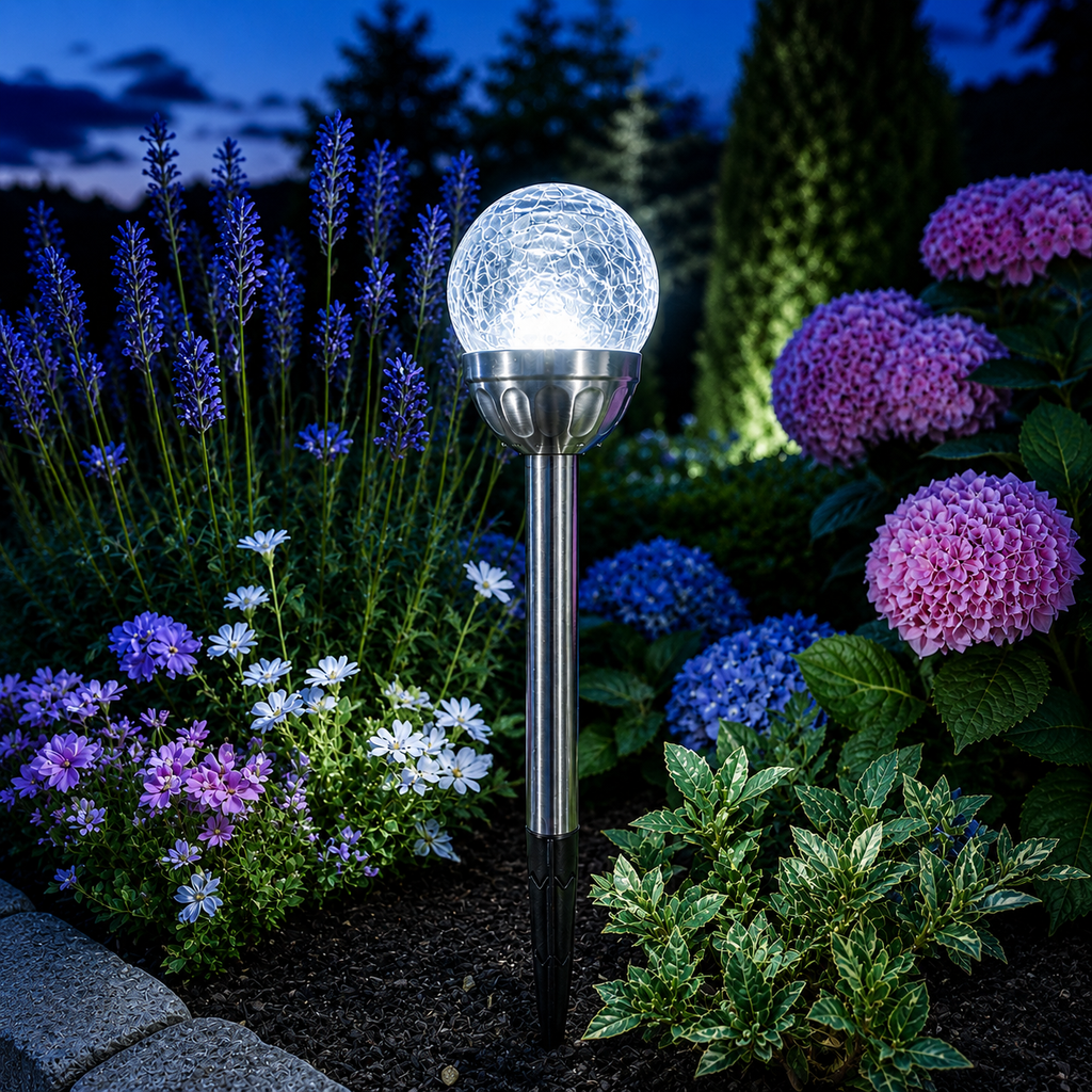 Solar Gartenleuchte mit Crackle-Glaskugel im Blumenbeet
