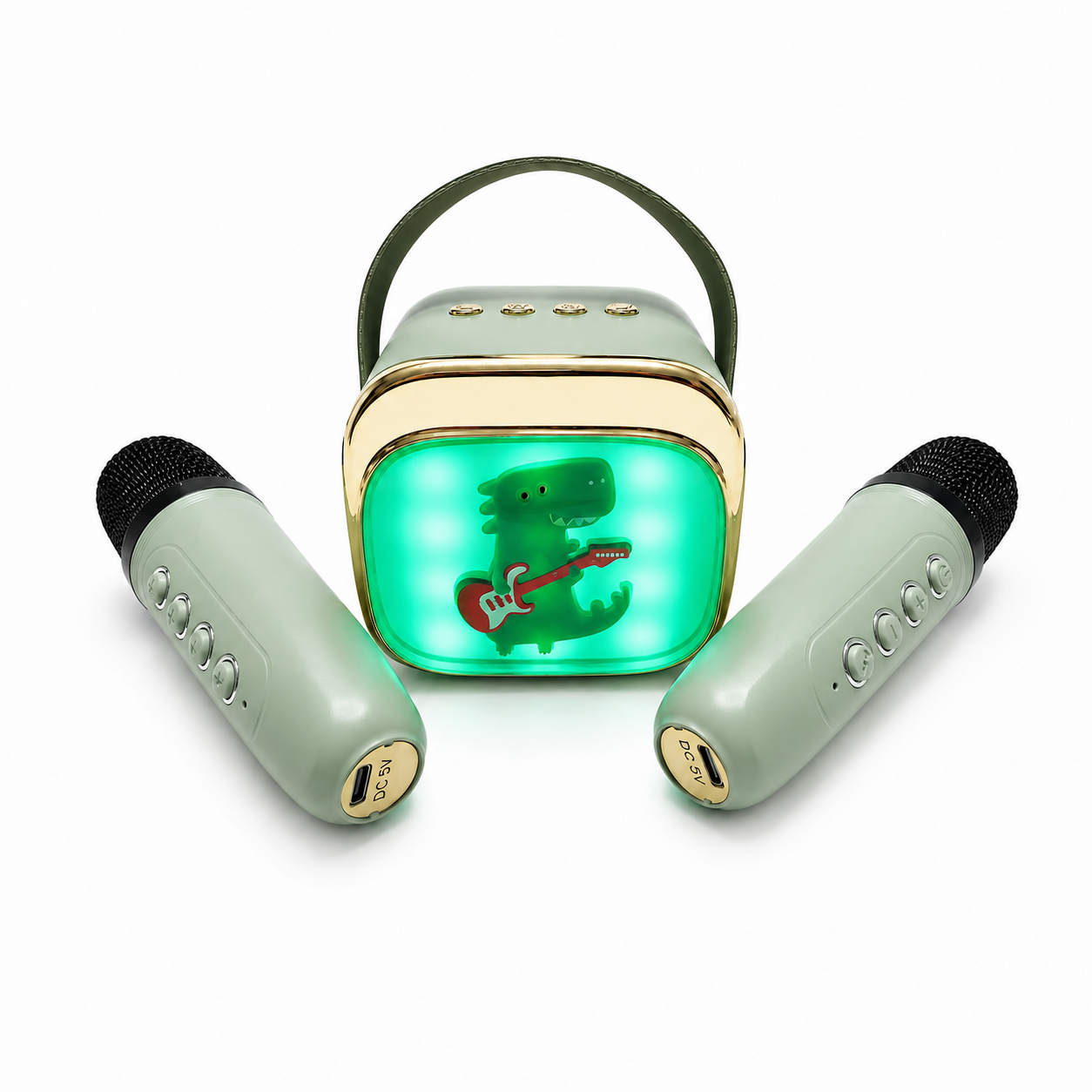 Kinder Karaoke Box mit zwei Mikrofonen und grner LEDBeleuchtung