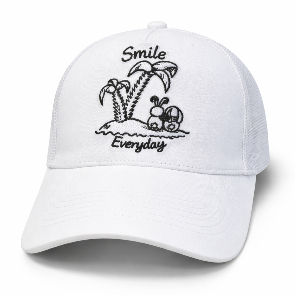 Weiße Smile Everyday Trucker Cap mit hochwertiger Stickerei und Mesh-Rückseite