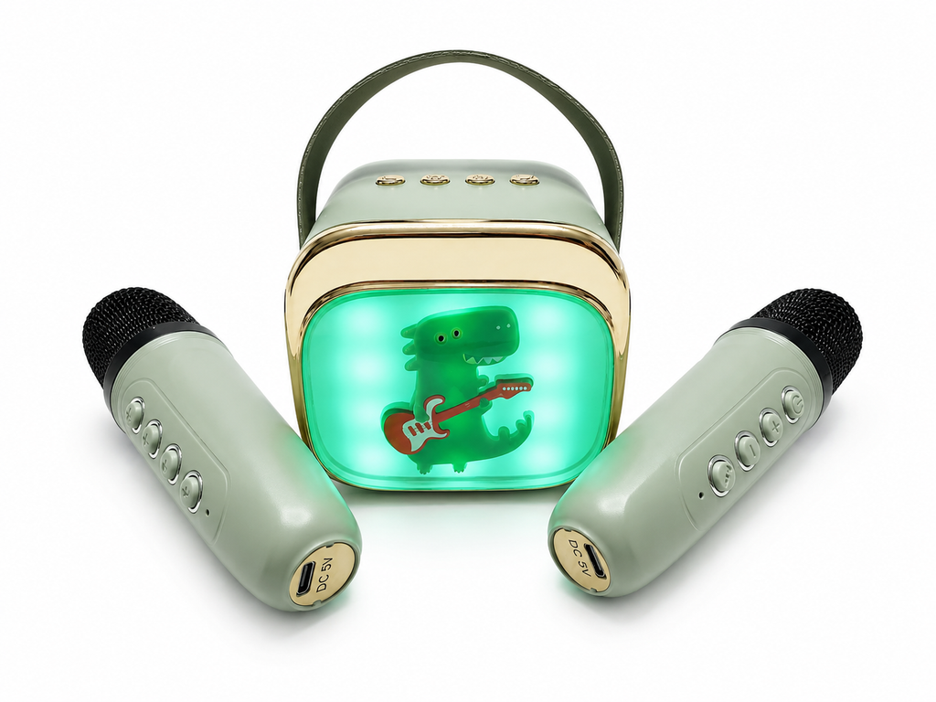 Bunt beleuchtete Karaoke Box mit zwei Mikrofonen