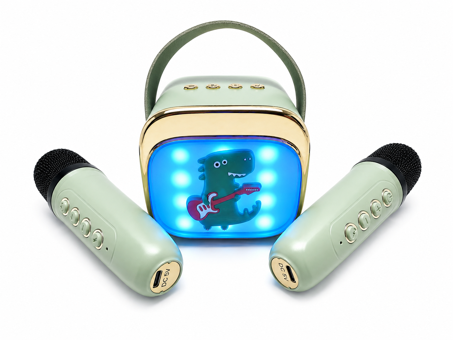 Bunt beleuchtete Karaoke Box mit zwei Mikrofonen