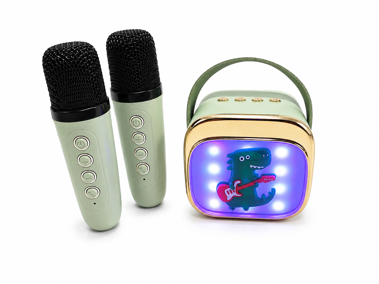Bunt beleuchtete Karaoke Box mit zwei Mikrofonen