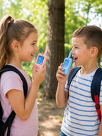 Zwei Kinder spielen mit Walkie Talkie