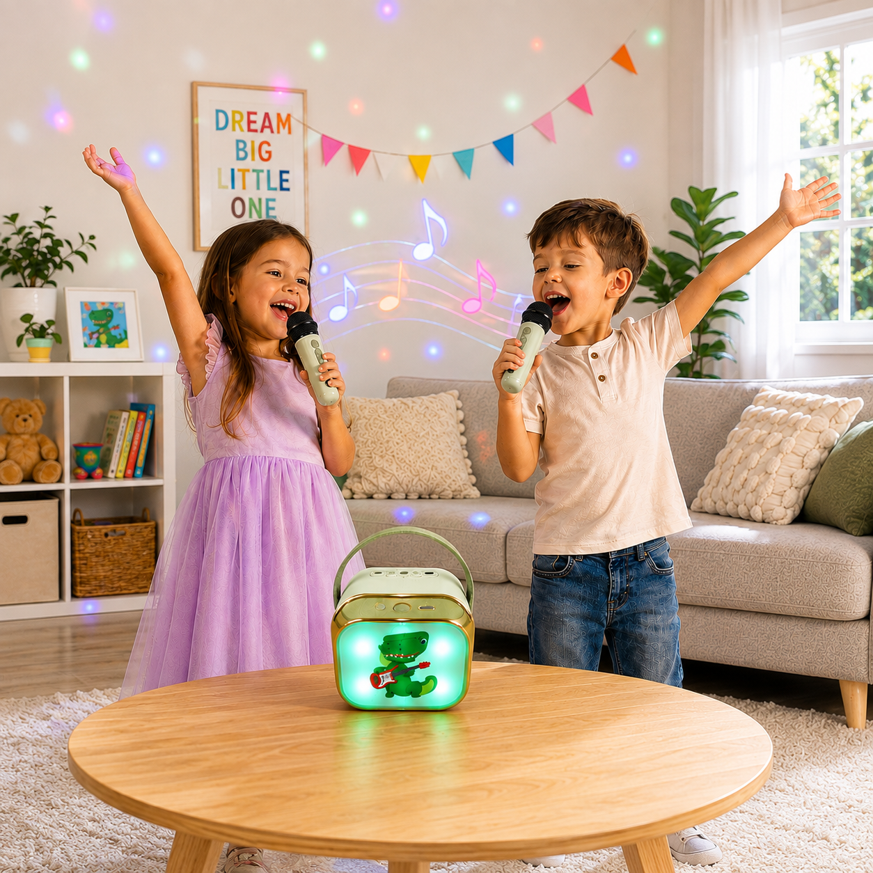 Zwei glückliche Kinder singen mit einer Karaoke Box