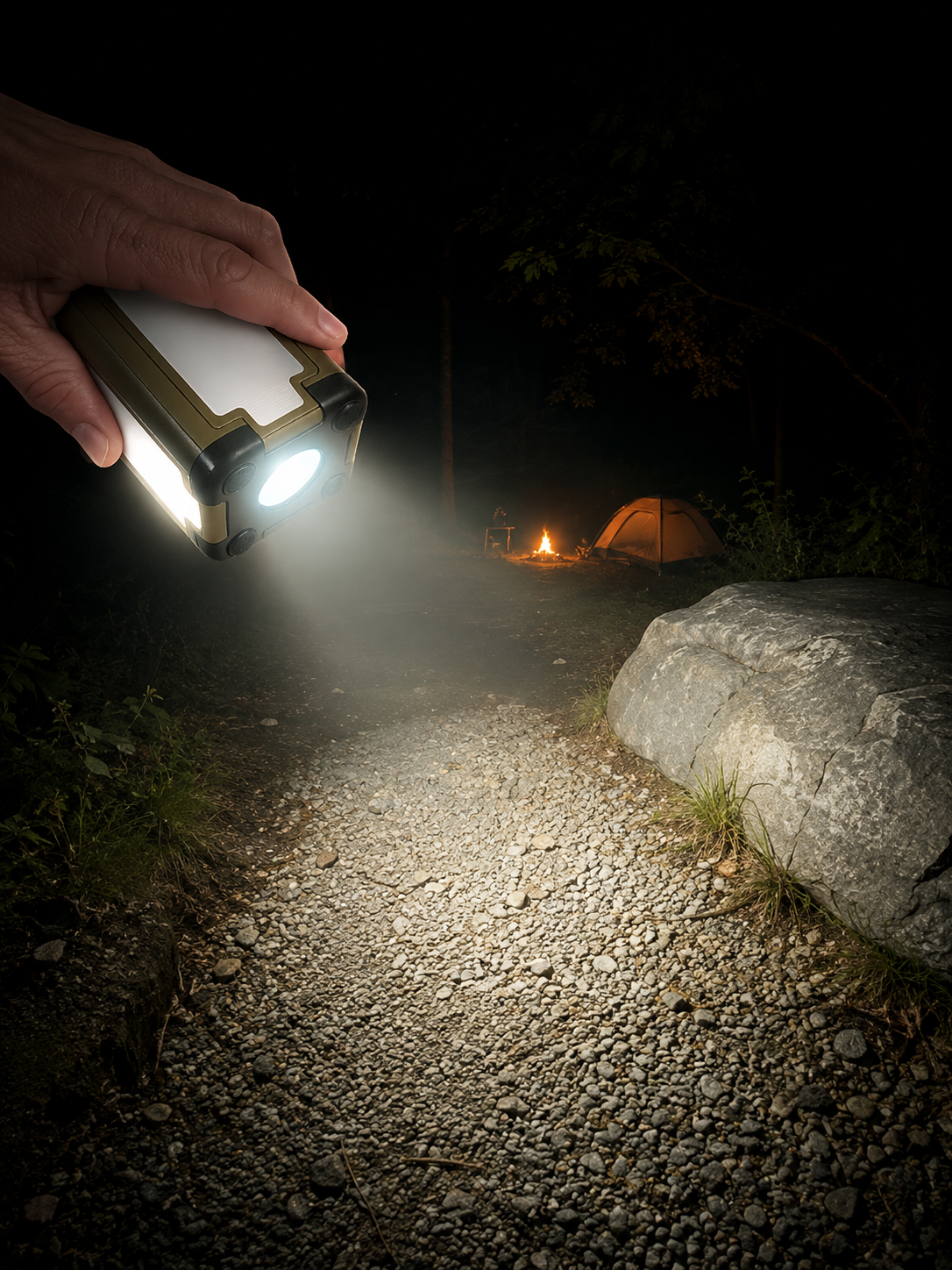 Helle LED Campinglampe bei Nacht im Freien