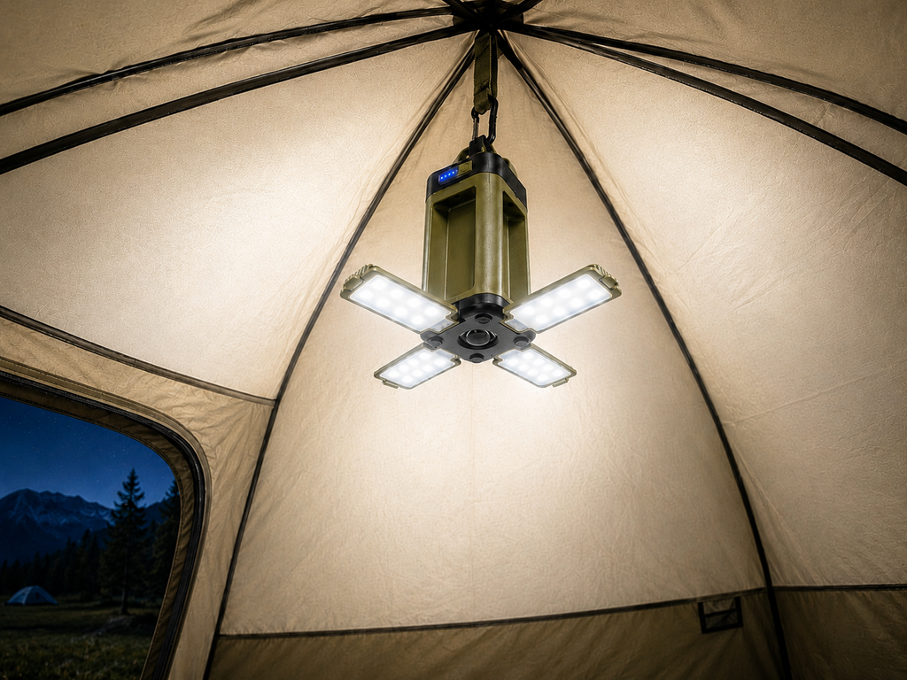 Campinglampe aufgehängt im Zelt