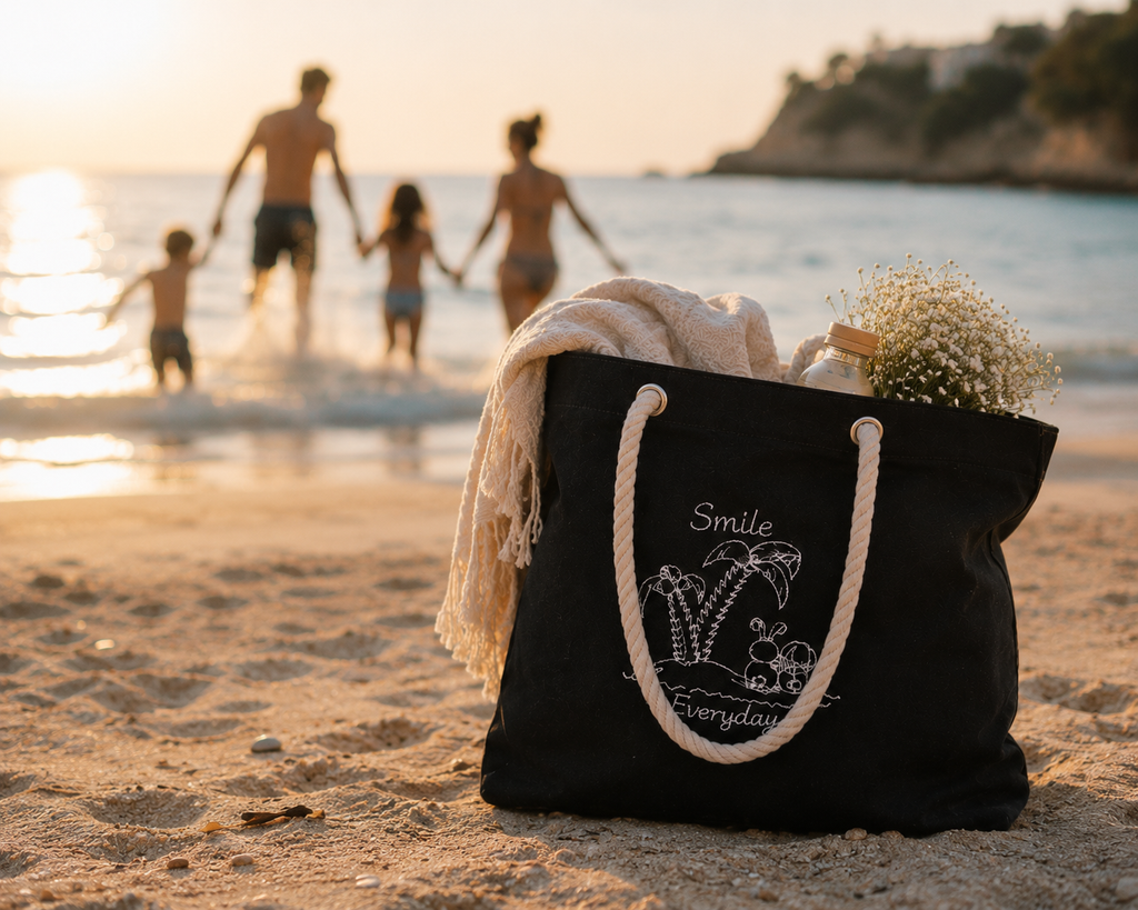 Schwarze Smile Everyday Strandtasche im Sand mit Familie im Hintergrund.