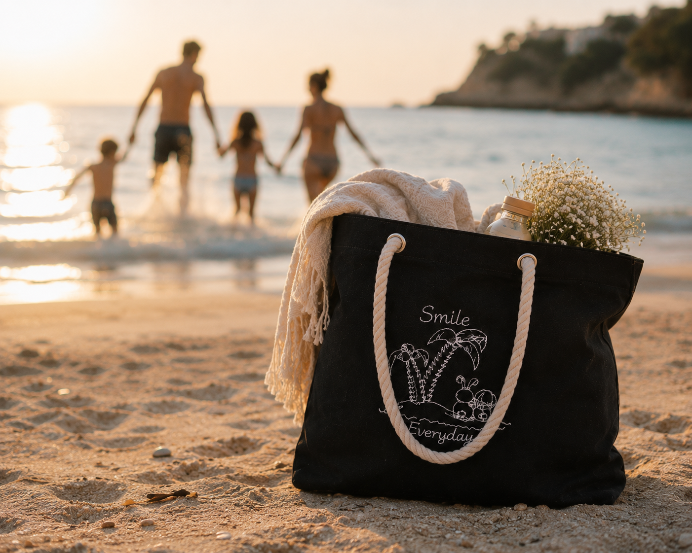 Schwarze Smile Everyday Strandtasche im Sand mit Familie im Hintergrund.