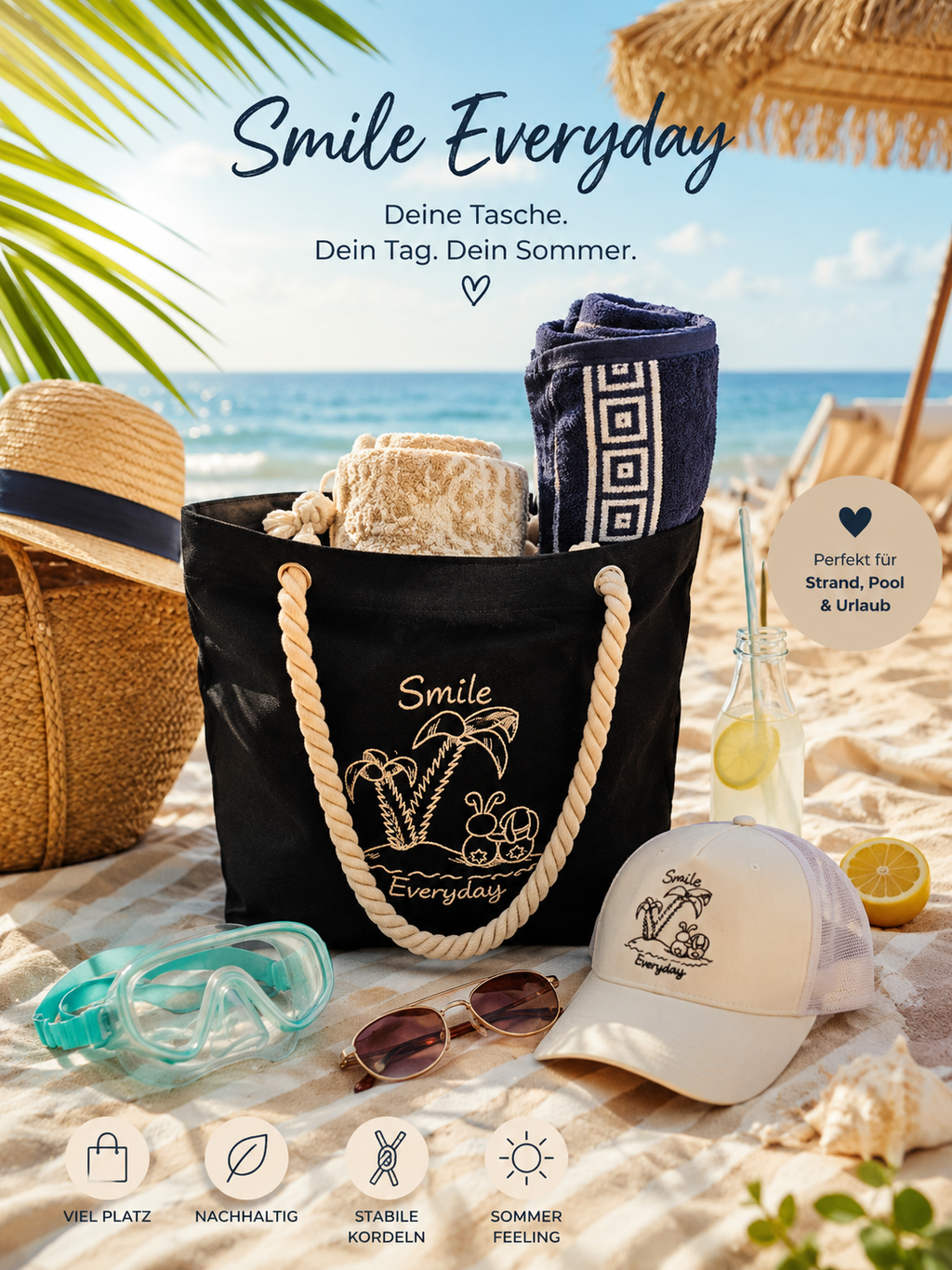 Strandtasche Canvas Daily Shopper „Smile Everyday“ – Beach Bag mit Kordelgriffen
