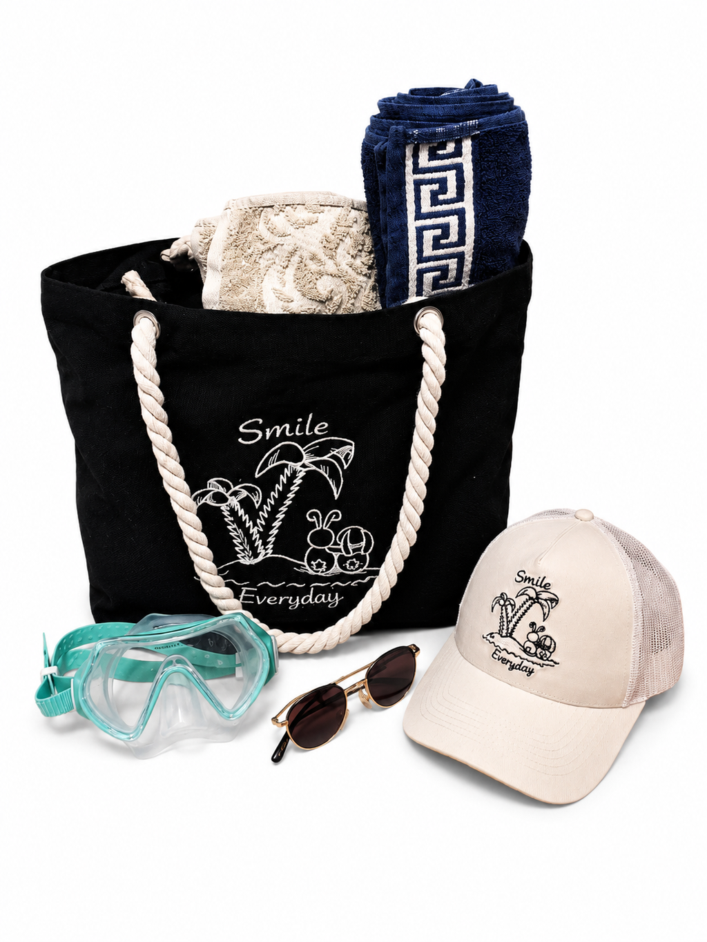 Große Canvas Strandtasche mit Handtüchern und Strandutensilien.
