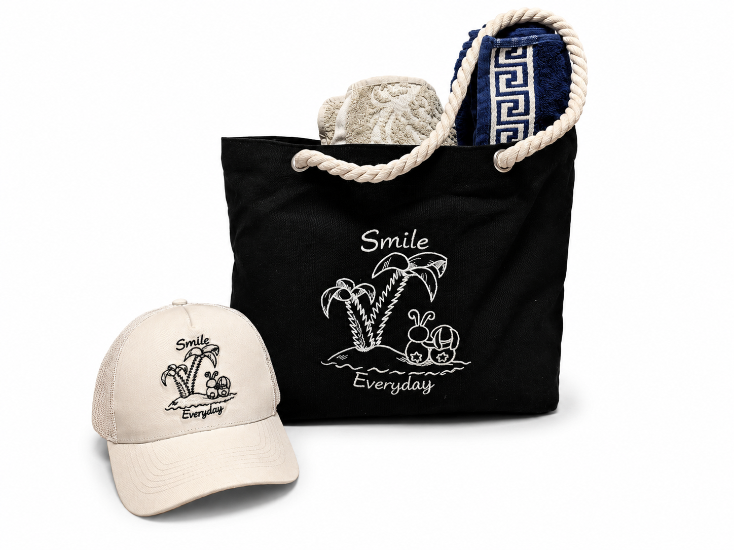 Smile Everyday Strandtasche zusammen mit Smile Everyday Cap