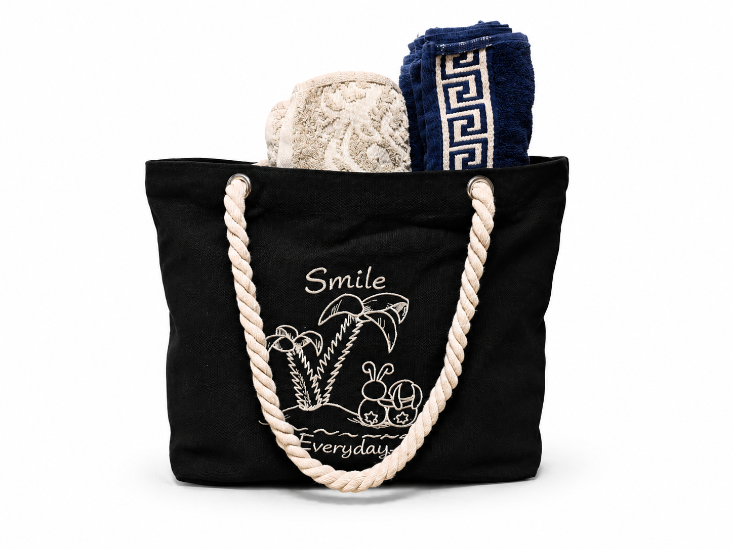 Strandtasche Canvas Daily Shopper „Smile Everyday“ – Beach Bag mit Kordelgriffen