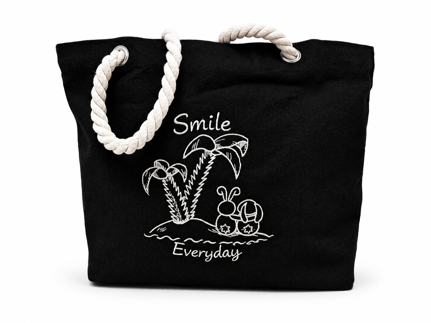 Schwarze XXL Canvas Strandtasche Smile Everyday mit Baumwoll-Kordelgriffen auf weißem Studiohintergrund