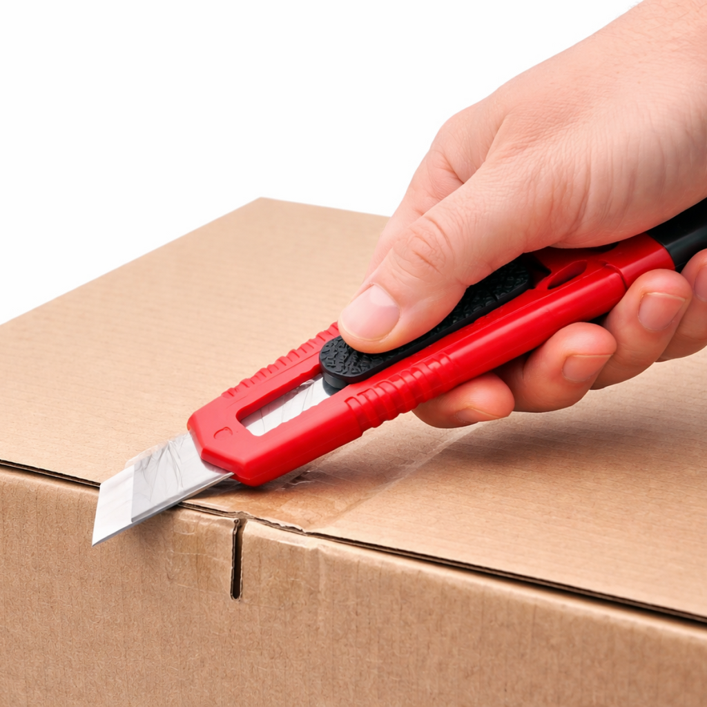 18 mm Cuttermesser beim Schneiden eines Kartons