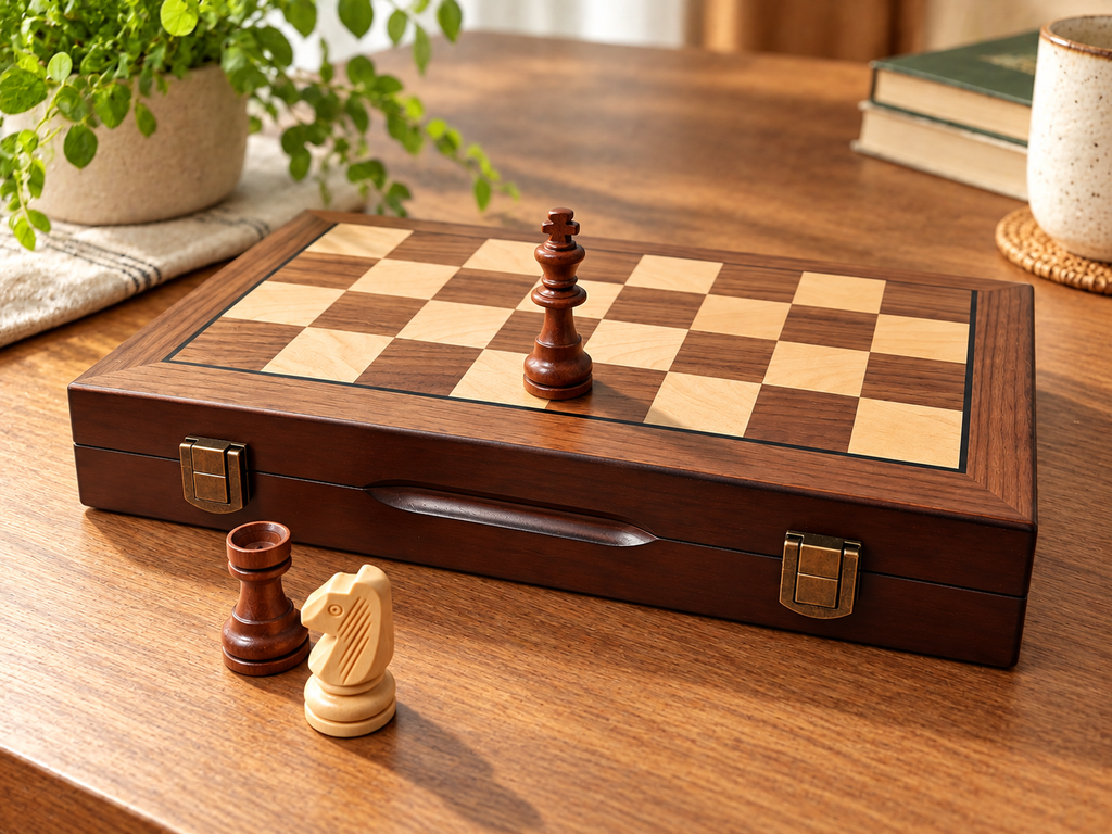 Schönes Schachspiel aus Holz abgebildet mit 3 Figuren