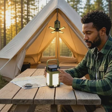 Anwendungsvideo einer Solar-Campingleuchte vor und in einem Zelt